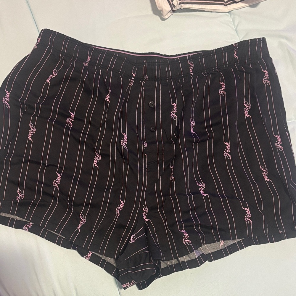 PINK Victoria's Secret Black Boxer-Style Shorts with Pink Pinstripes